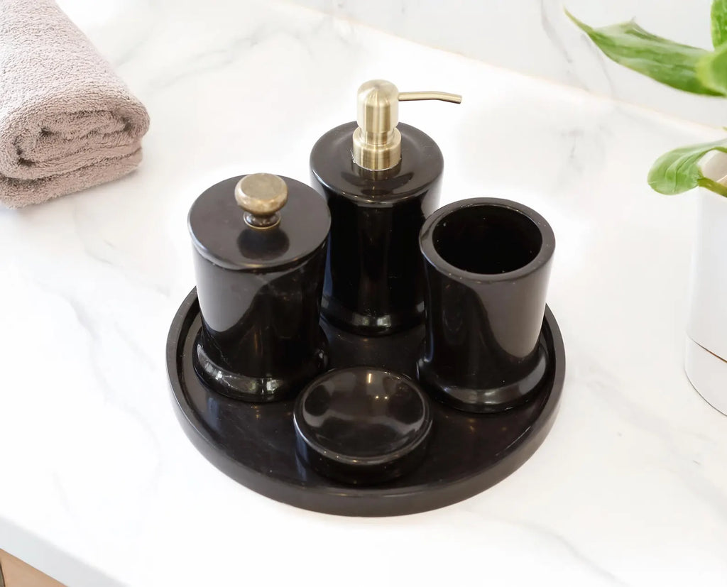 CHARIS Handmade Black Marble Bathroom Accessories Set with Tray – Stainless Steel Pump | Ege Home Decor