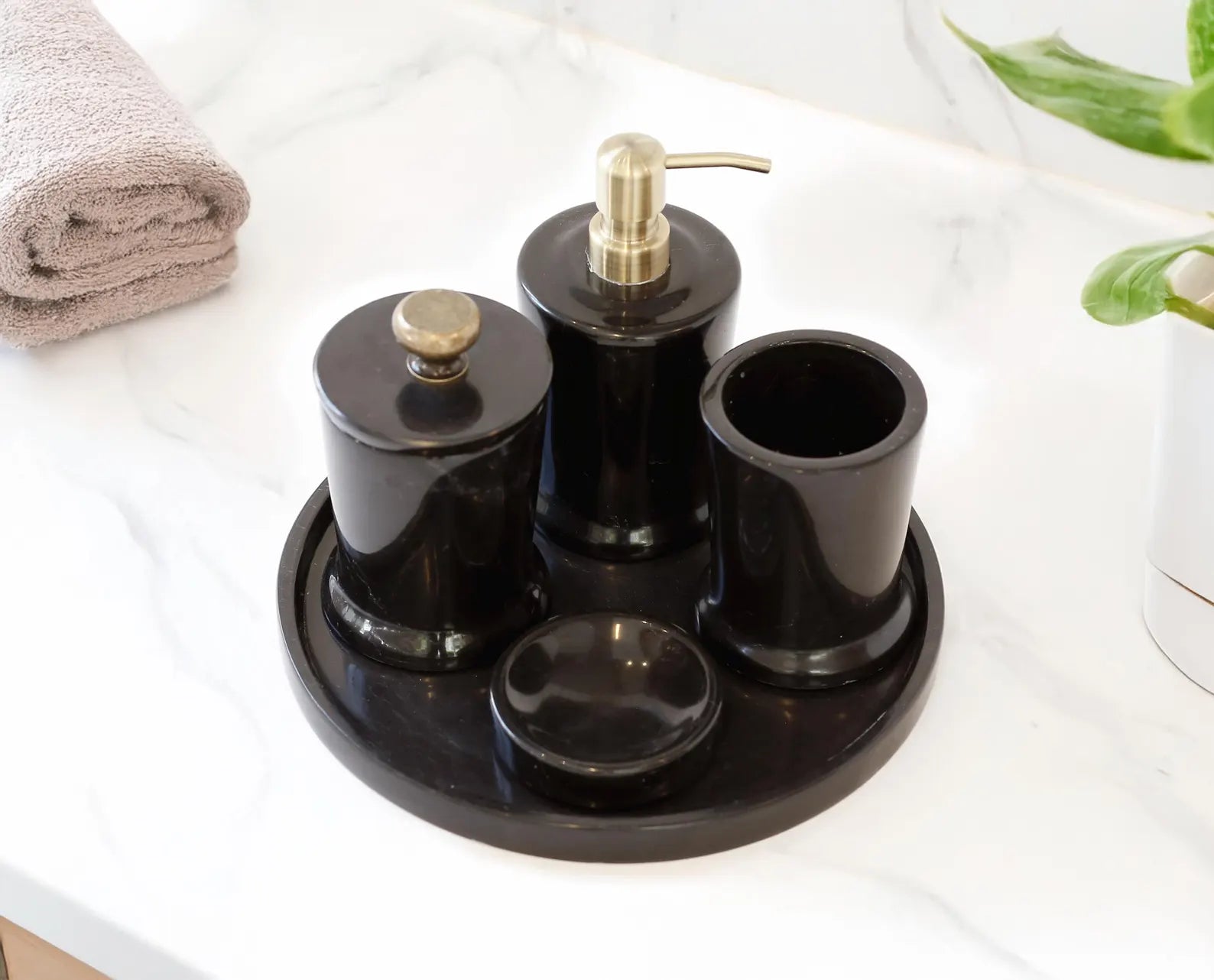 CHARIS Handmade Black Marble Bathroom Accessories Set with Tray – Stainless Steel Pump | Ege Home Decor
