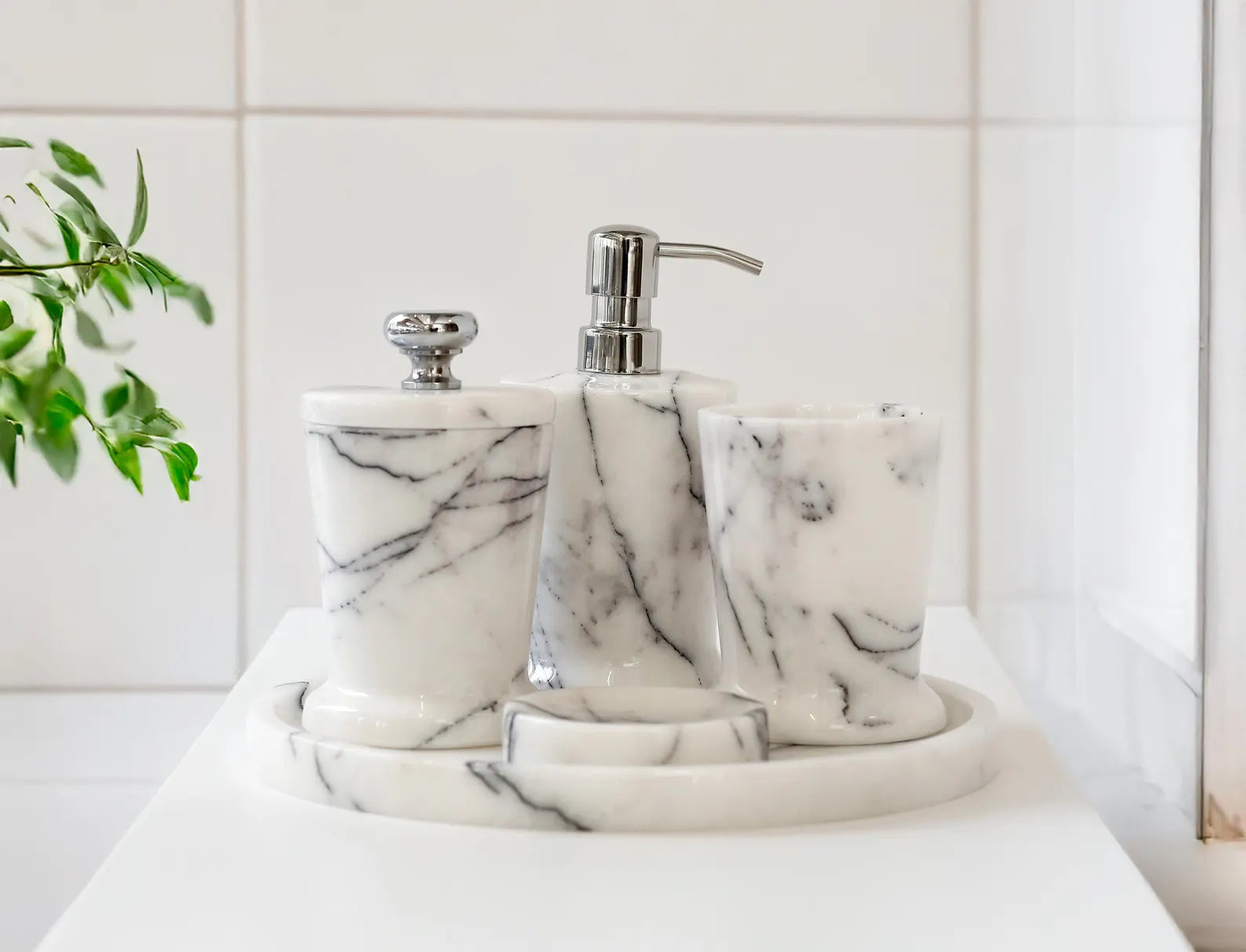 CHARIS 5-Piece Veined White Marble Bathroom Accessories Set with Tray – Stainless Steel Pump | Ege Home Decor