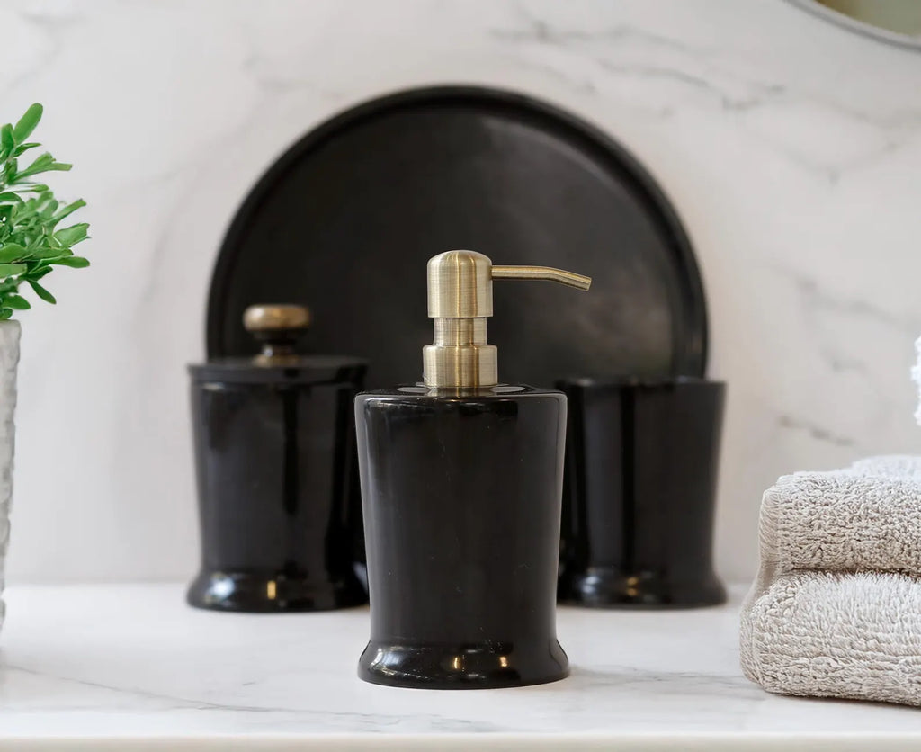 CHARIS Handmade Black Marble Bathroom Accessories Set with Tray – Stainless Steel Pump | Ege Home Decor