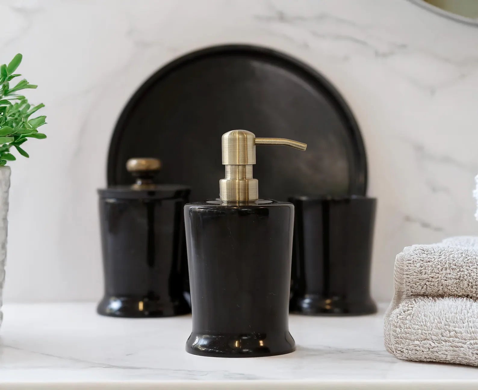 CHARIS Handmade Black Marble Bathroom Accessories Set with Tray – Stainless Steel Pump | Ege Home Decor
