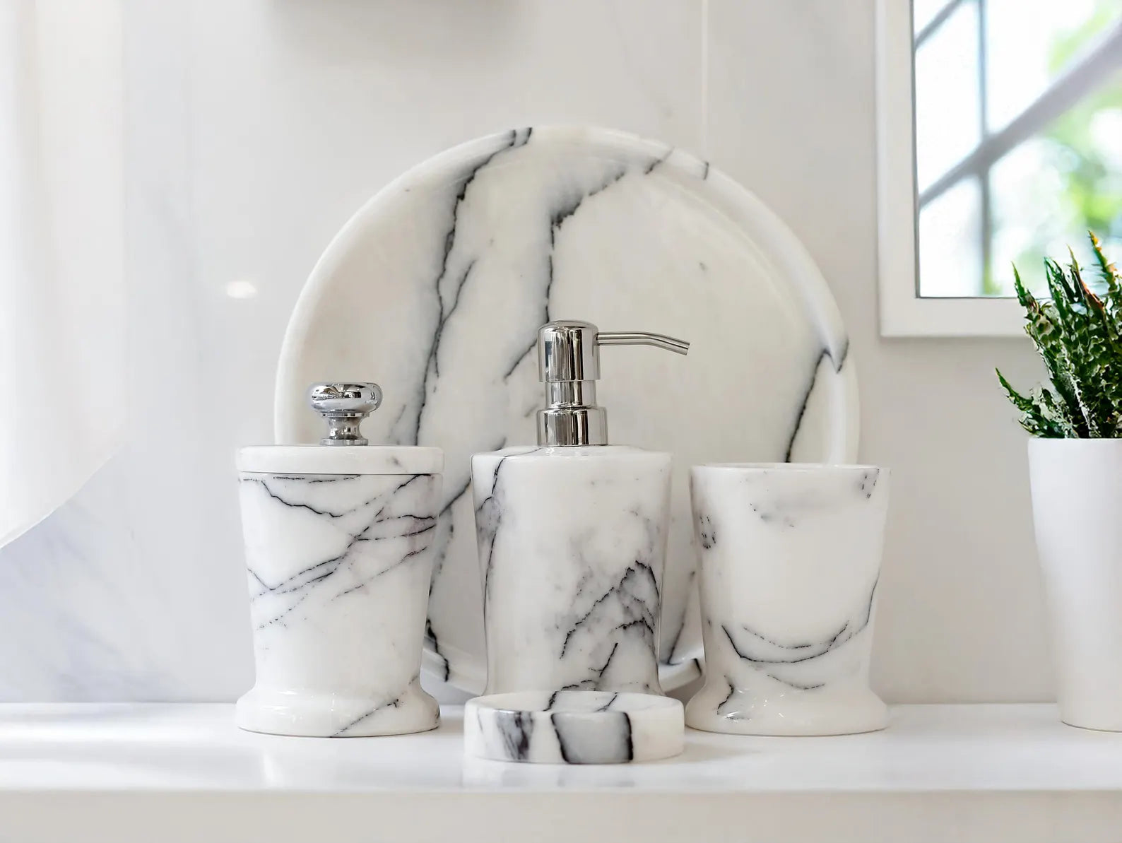 CHARIS 5-Piece Veined White Marble Bathroom Accessories Set with Tray – Stainless Steel Pump | Ege Home Decor