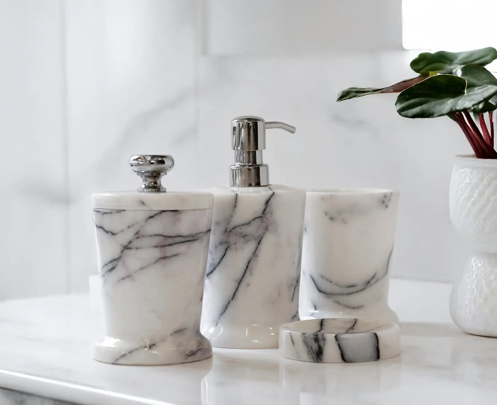 CHARIS 5-Piece Veined White Marble Bathroom Accessories Set with Tray – Stainless Steel Pump | Ege Home Decor