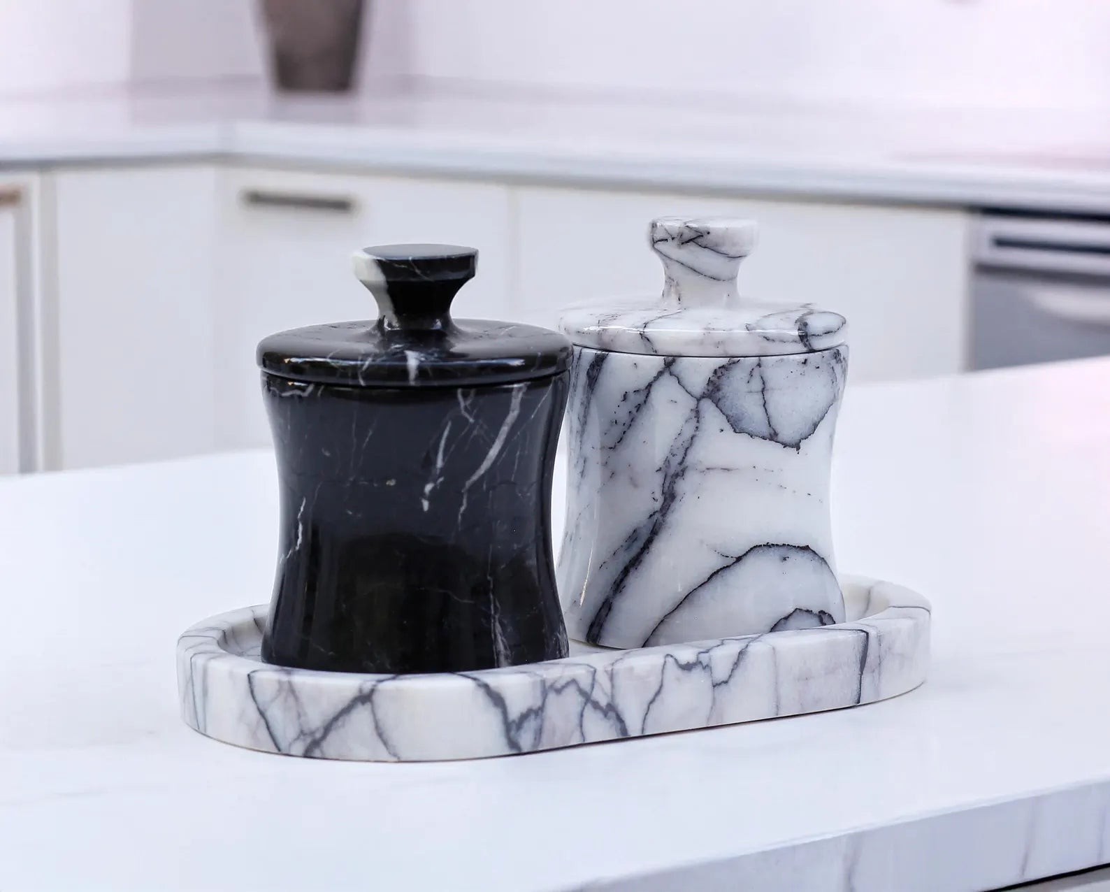 CLEMENZA 3-Piece Handmade Marble Jar Set with Tray – Black & White Marble Salt Cellar | Ege Home Decor