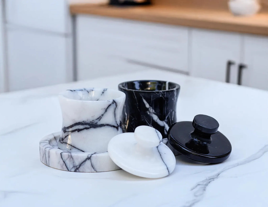 CLEMENZA 3-Piece Handmade Marble Jar Set with Tray – Black & White Marble Salt Cellar | Ege Home Decor