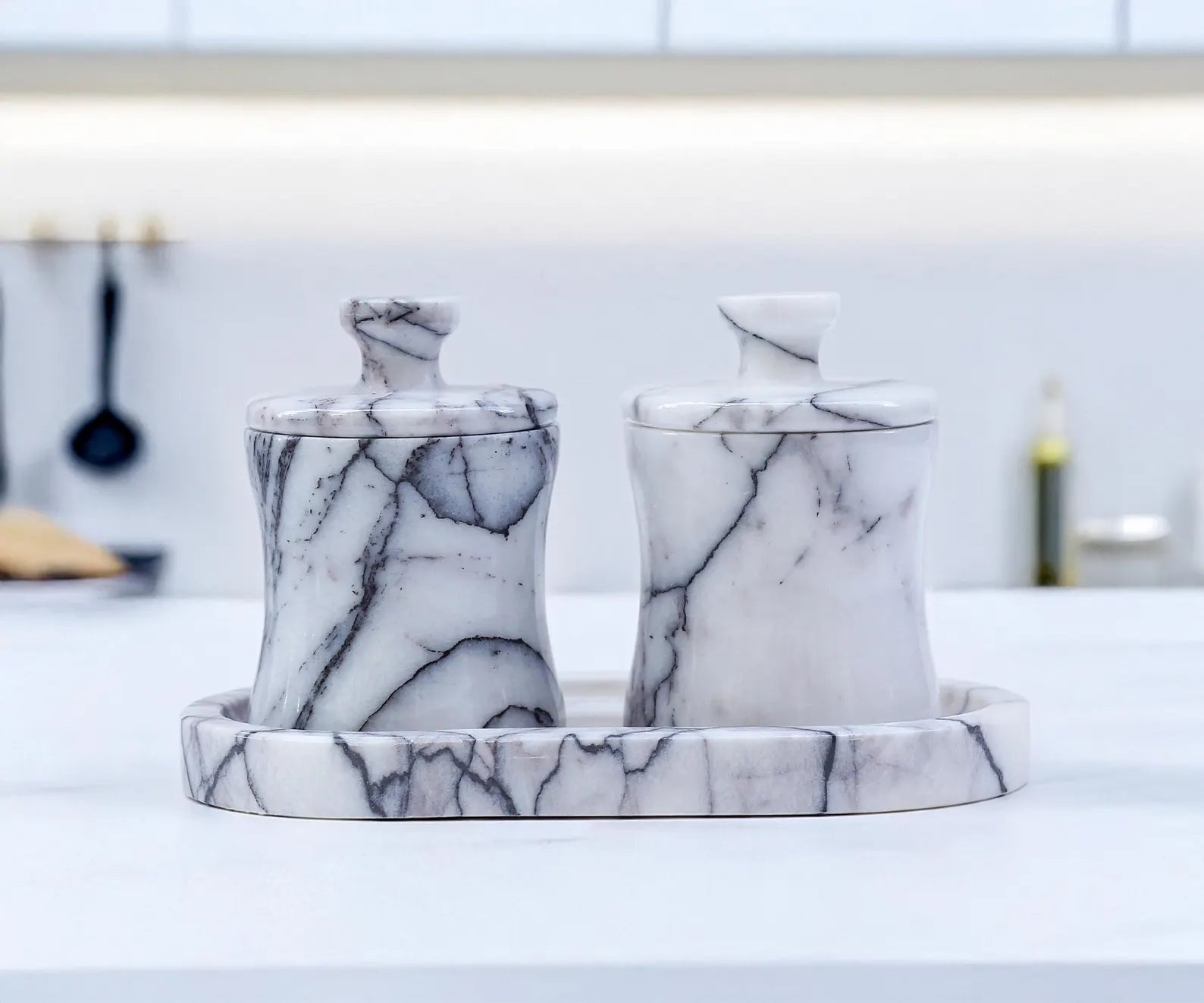 CLEMENZA 3-Piece Veined White Marble Jar Set with Tray – Salt, Sugar, and Spice Storage | Ege Home Decor