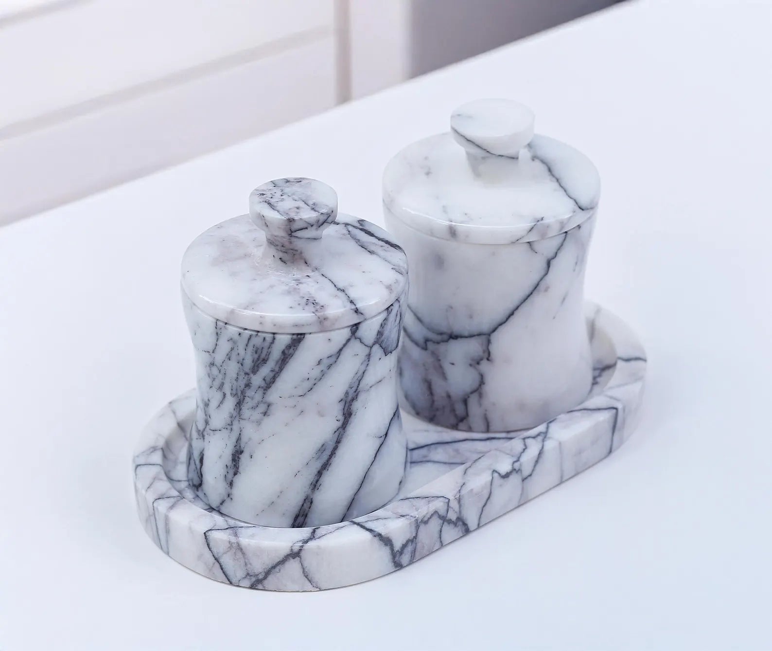 CLEMENZA 3-Piece Veined White Marble Jar Set with Tray – Salt, Sugar, and Spice Storage | Ege Home Decor