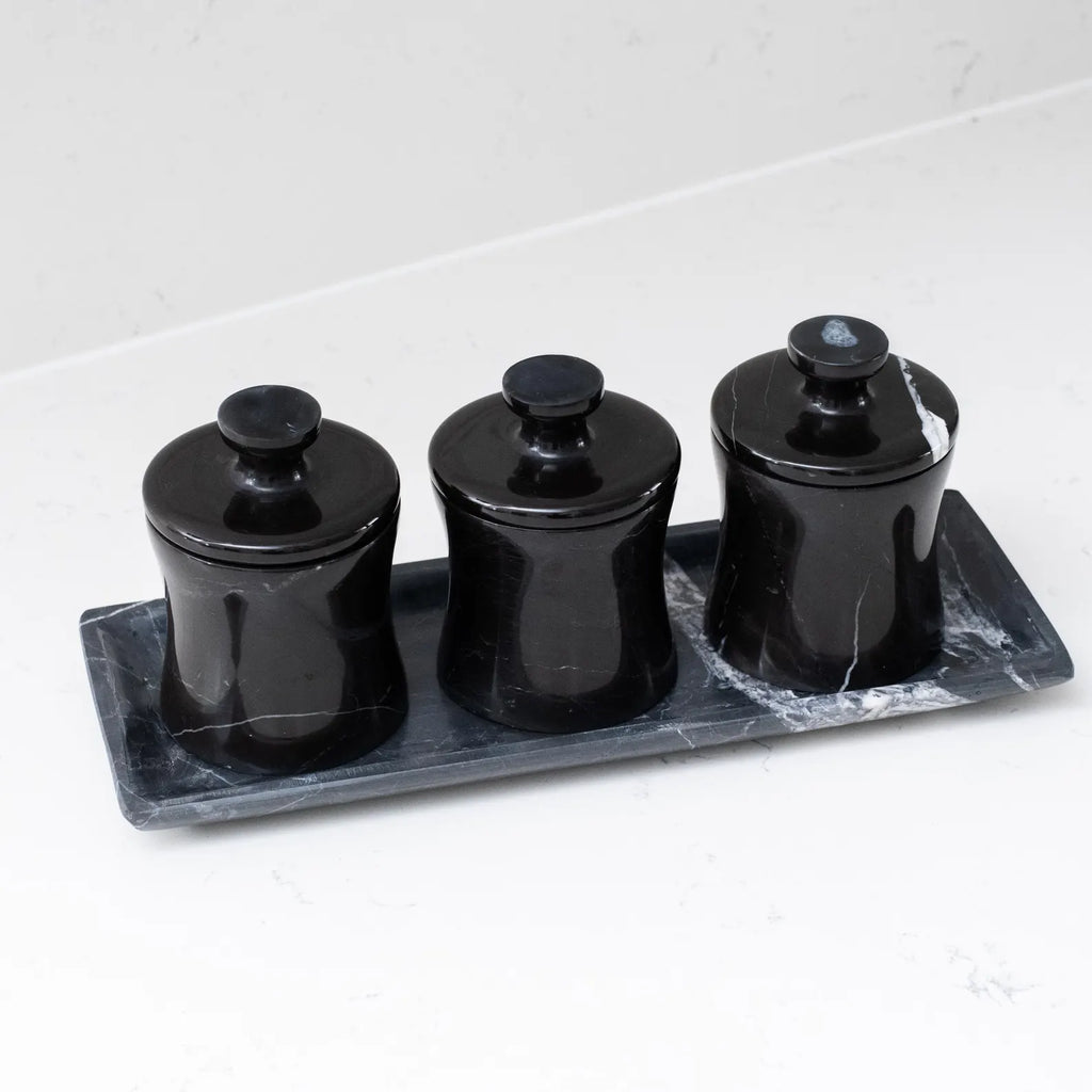 CLEMENZA 4-Piece Handcrafted Black Marble Spice Jar Set with Tray – Stone Canisters with Lid | Ege Home Decor