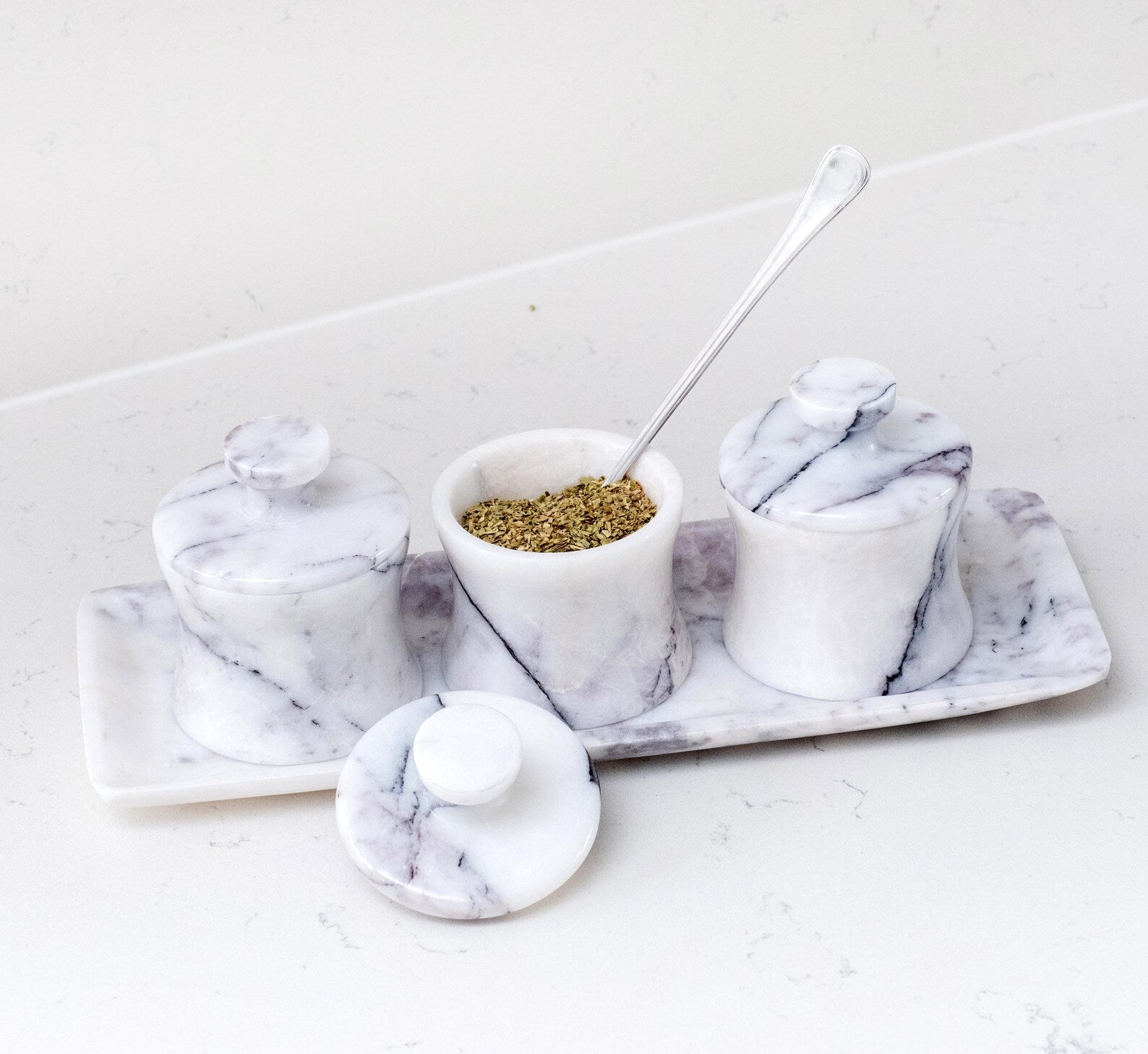 CLEMENZA 4-Piece Handcrafted Veined White Marble Spice Jar Set with Tray – Stone Canisters with Lid | Ege Home Decor