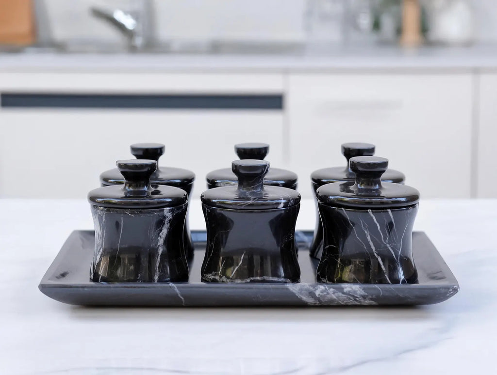 CLEMENZA 7-Piece Handcrafted Black Marble Spice Canister Set with Tray – Modern Jars with Lid – Compact Design | Ege Home Decor
