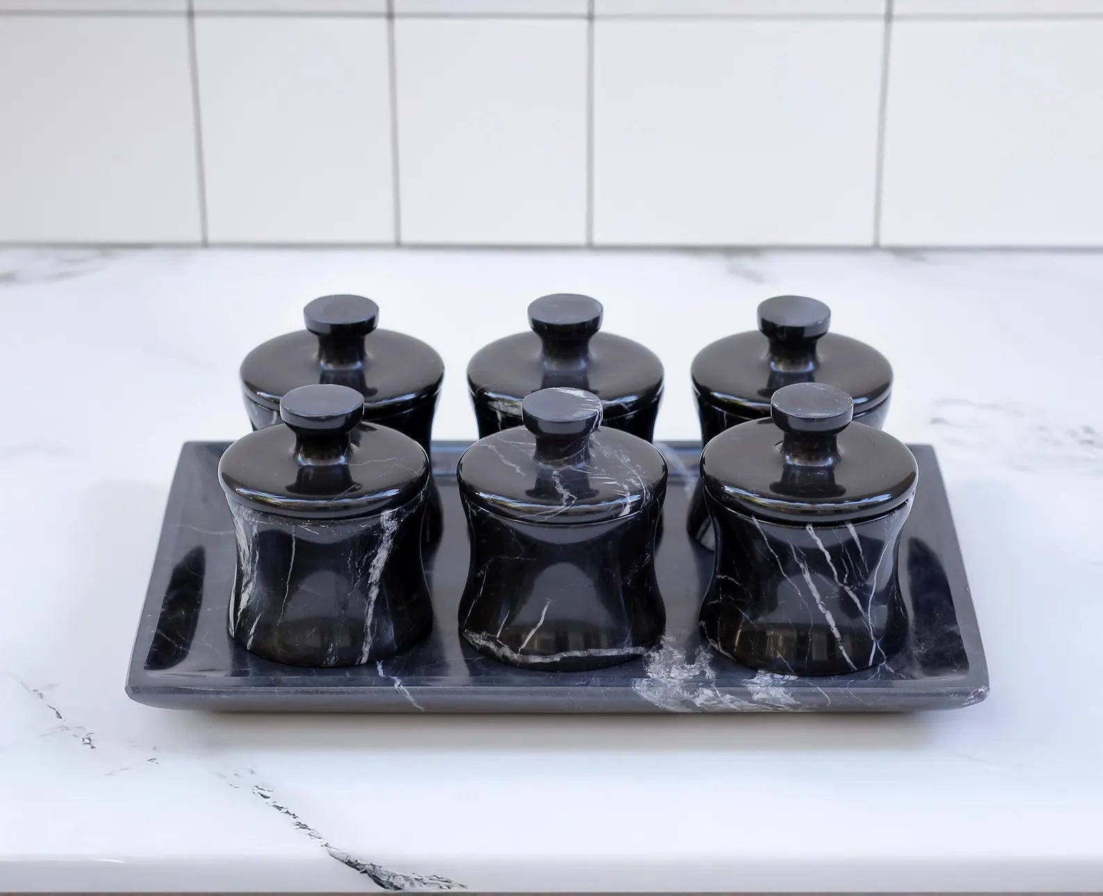 CLEMENZA 7-Piece Handcrafted Black Marble Spice Canister Set with Tray – Modern Jars with Lid – Compact Design | Ege Home Decor