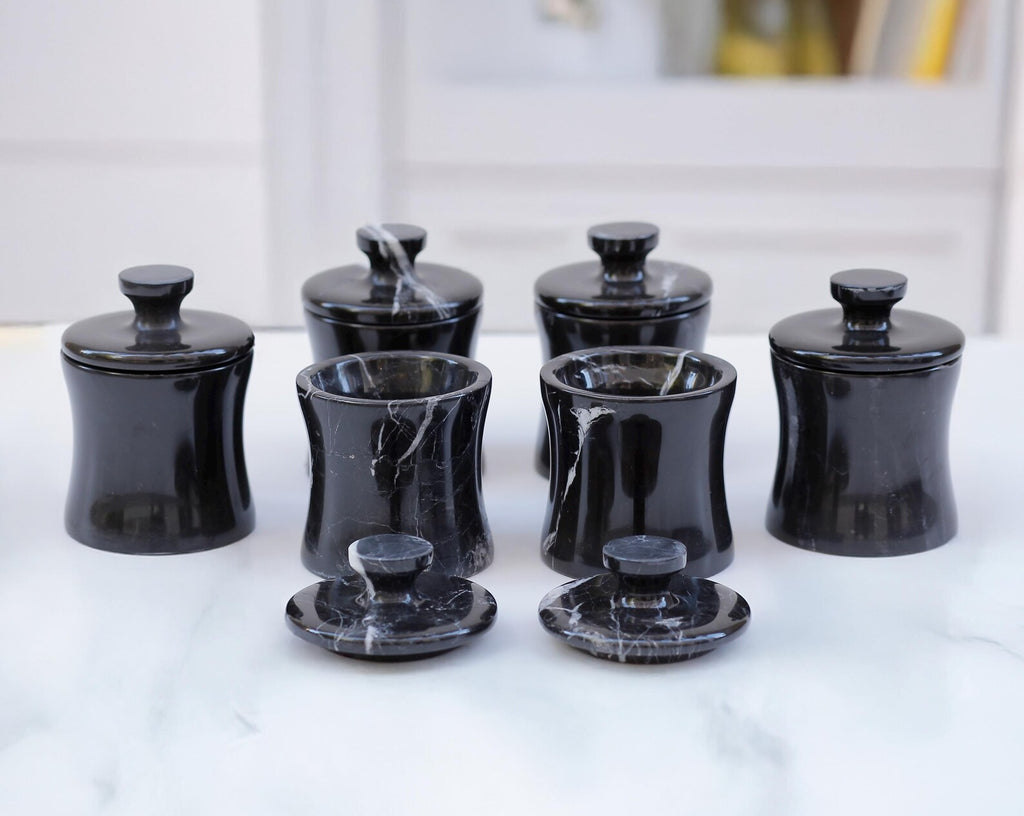 CLEMENZA 7-Piece Handmade Black Marble Spice Jar Set with Tray – Elegant Canisters with Lid – Tall Design | Ege Home Decor