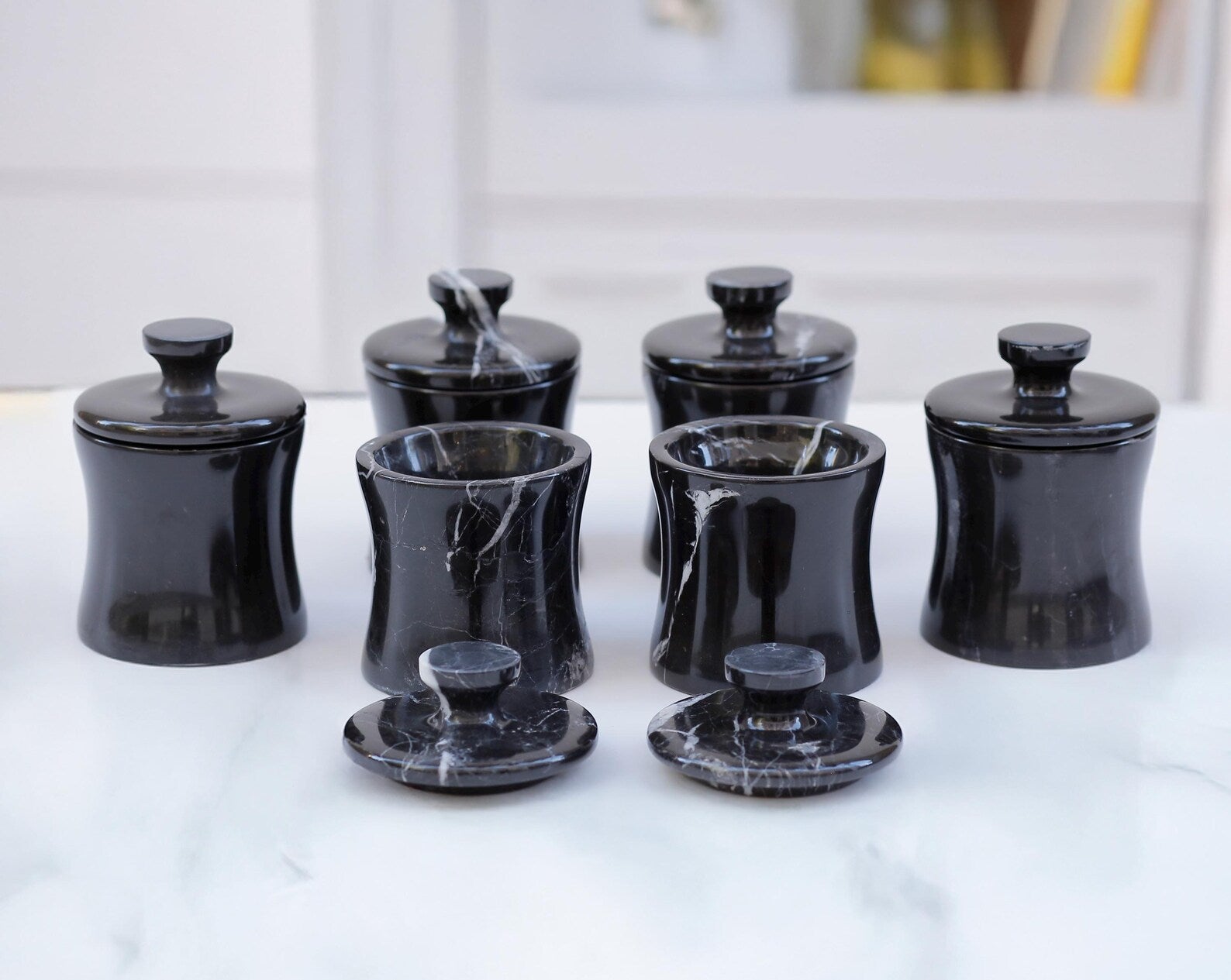 CLEMENZA 7-Piece Handmade Black Marble Spice Jar Set with Tray – Elegant Canisters with Lid – Tall Design | Ege Home Decor