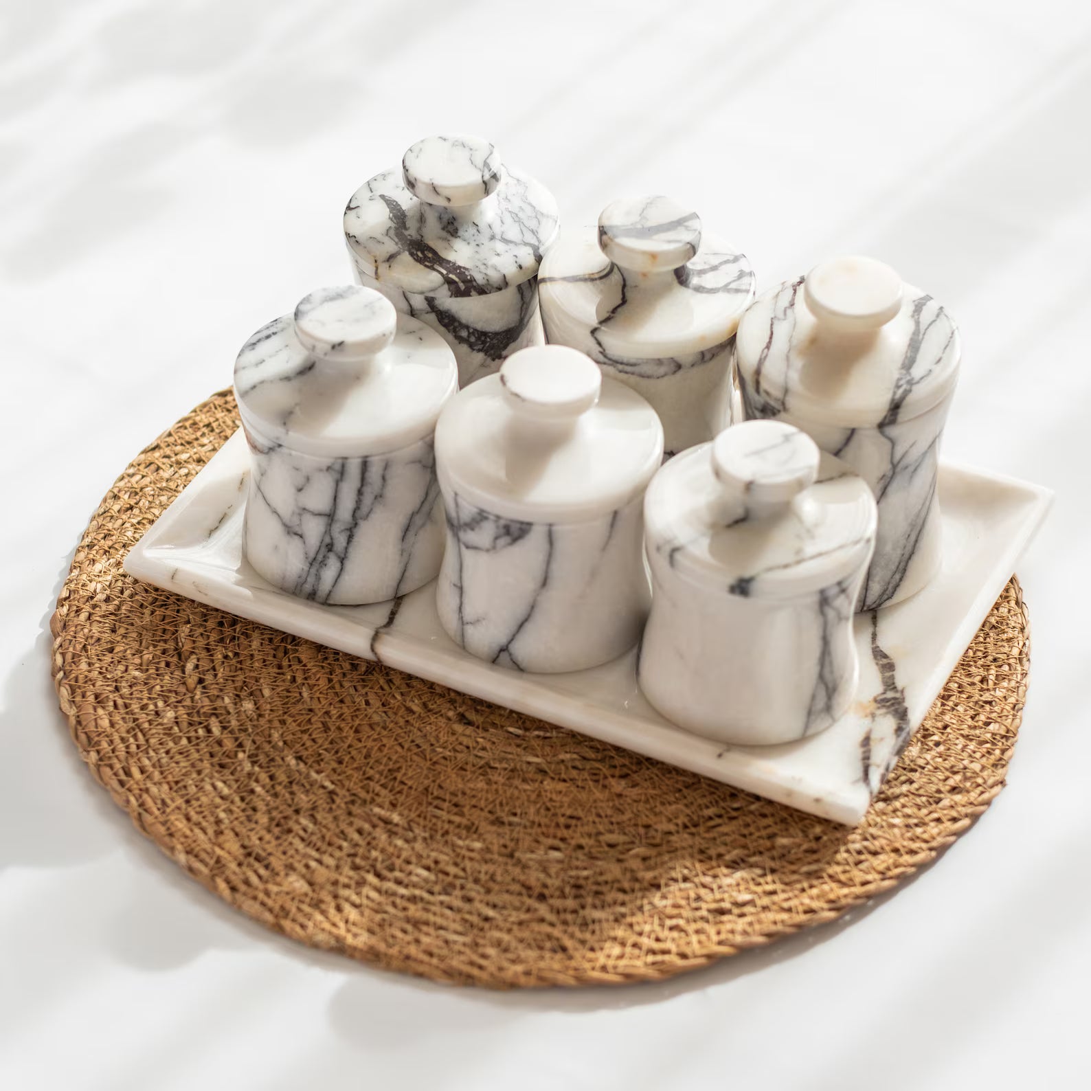 CLEMENZA 7-Piece Handmade Marble Spice Jar Set with Tray – Elegant Canisters with Lid | Ege Home Decor
