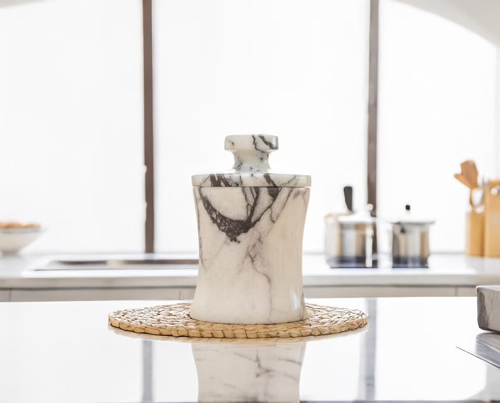 CLEMENZA 7-Piece Handmade Marble Spice Jar Set with Tray – Elegant Canisters with Lid | Ege Home Decor