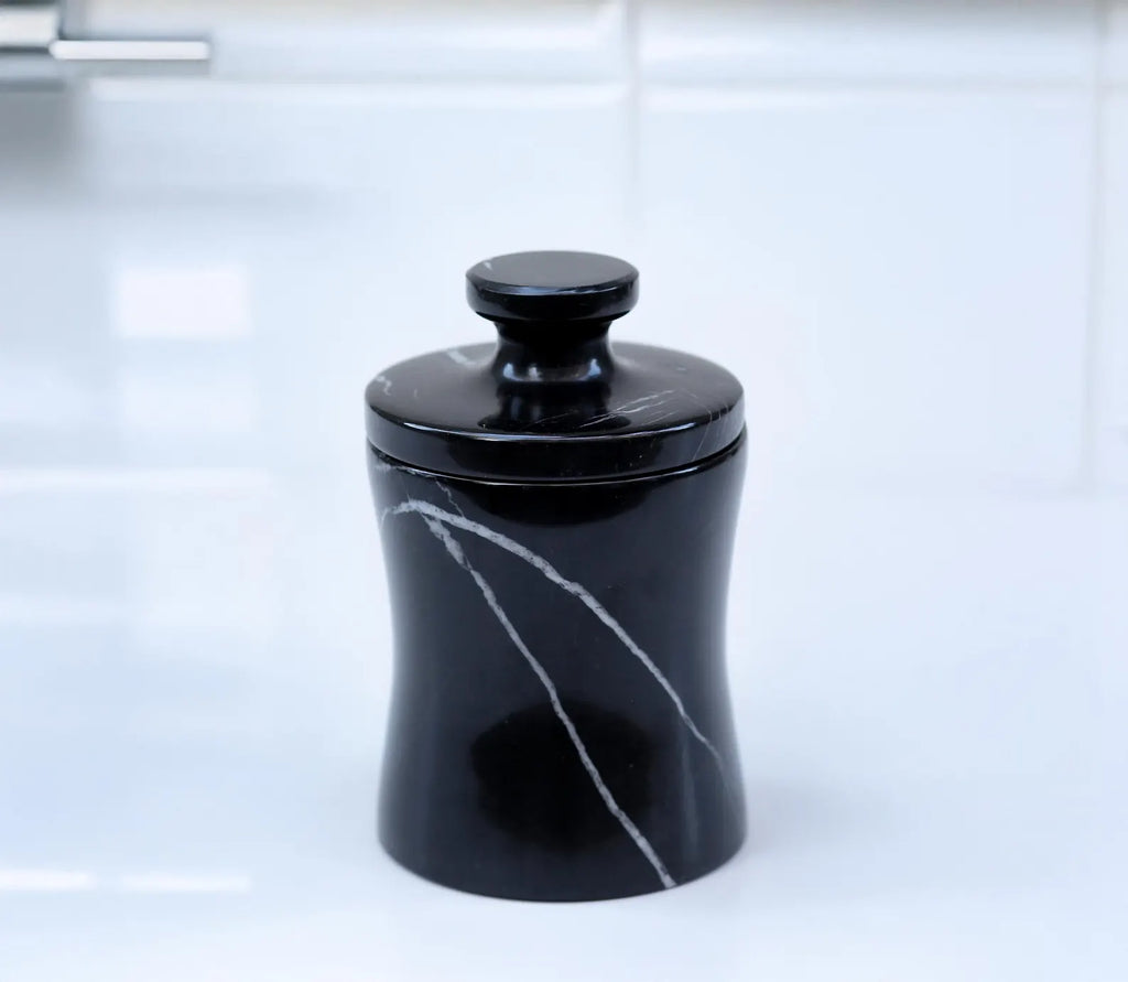 CLEMENZA Black Marble Salt Cellar – Handcrafted Marble Jar with Lid, Stone Canister (Tall Design) | Ege Home Decor