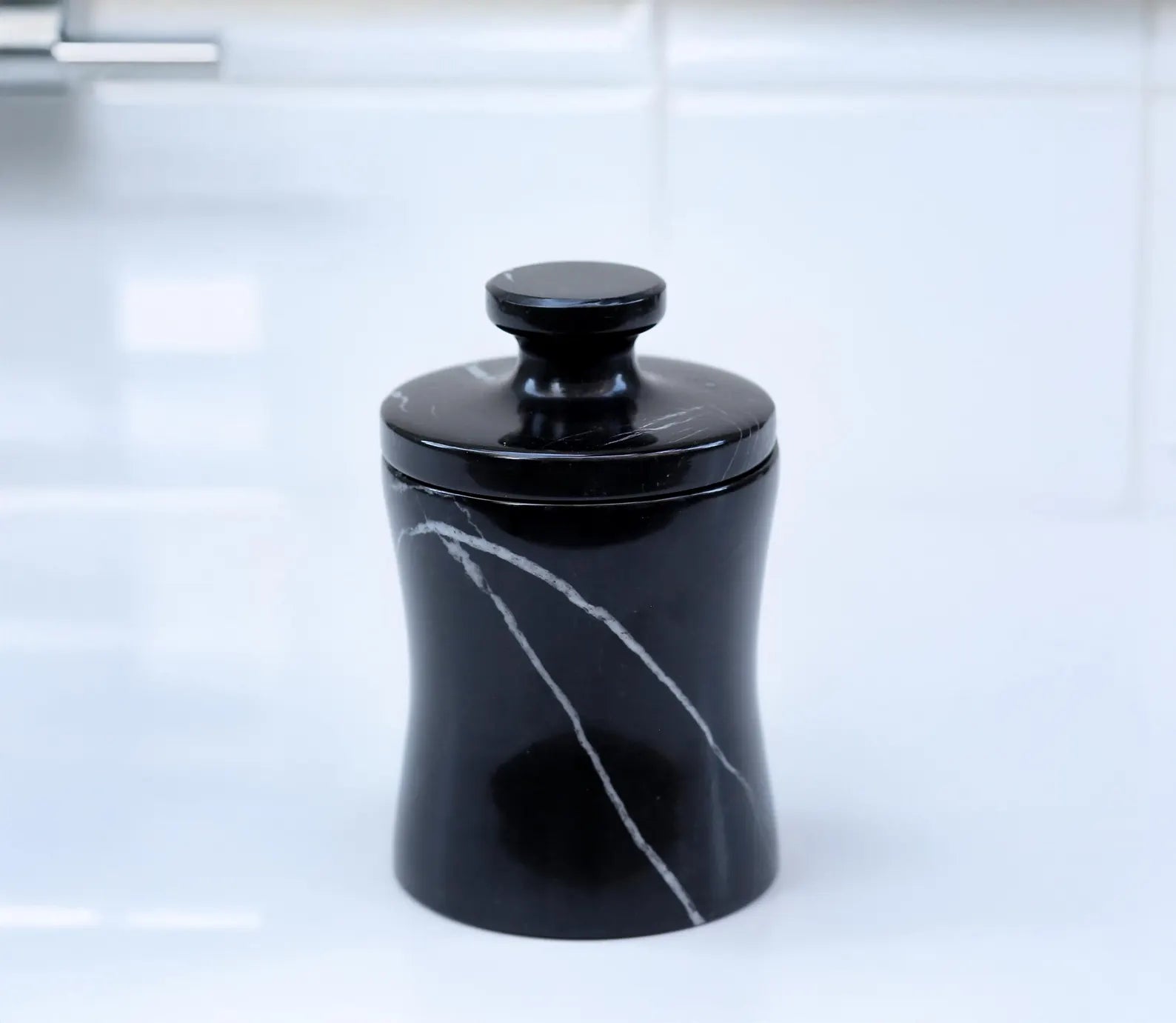 CLEMENZA Black Marble Salt Cellar – Handcrafted Marble Jar with Lid, Stone Canister (Tall Design) | Ege Home Decor
