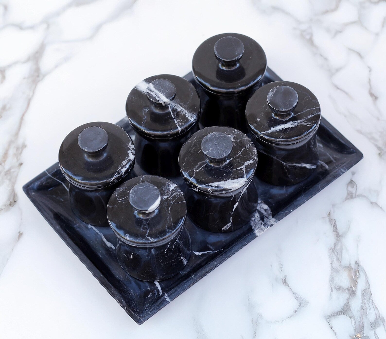 CLEMENZA 7-Piece Handmade Black Marble Spice Jar Set with Tray – Elegant Canisters with Lid – Tall Design | Ege Home Decor