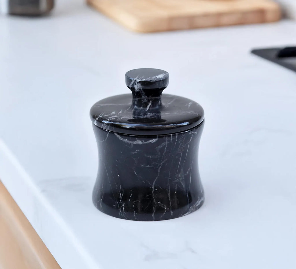 CLEMENZA Black Marble Jar with Lid – Handcrafted Marble Salt Cellar, Stone Canister – Compact Design | Ege Home Decor
