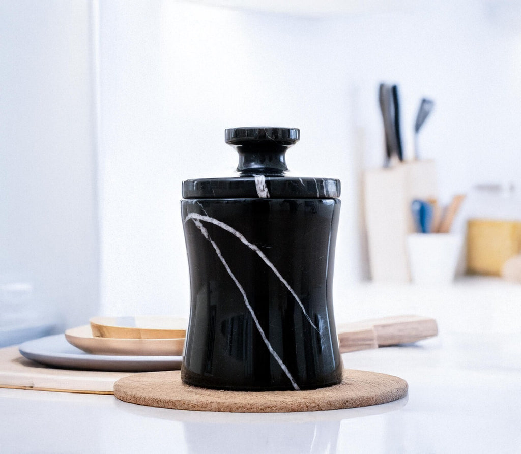 CLEMENZA Black Marble Salt Cellar – Handcrafted Marble Jar with Lid, Stone Canister (Tall Design) | Ege Home Decor