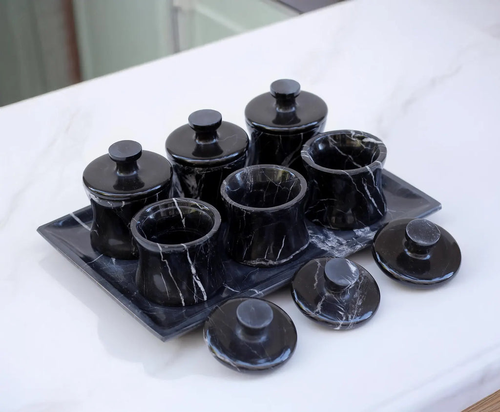 CLEMENZA 7-Piece Handcrafted Black Marble Spice Canister Set with Tray – Modern Jars with Lid – Compact Design | Ege Home Decor