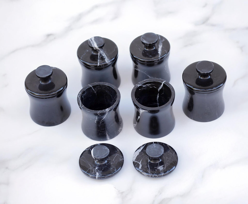 CLEMENZA 7-Piece Handmade Black Marble Spice Jar Set with Tray – Elegant Canisters with Lid – Tall Design | Ege Home Decor