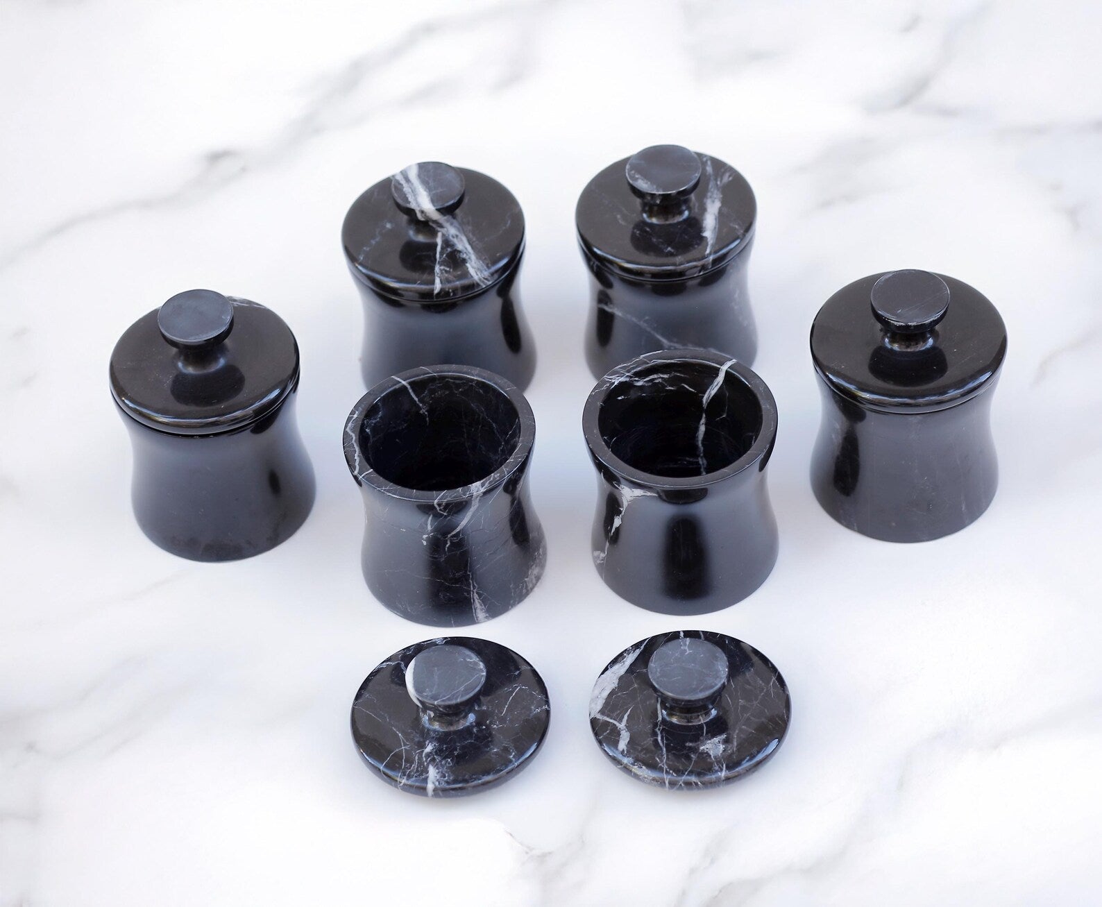 CLEMENZA 7-Piece Handmade Black Marble Spice Jar Set with Tray – Elegant Canisters with Lid – Tall Design | Ege Home Decor