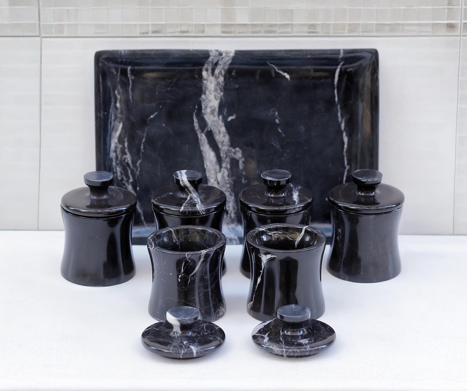 CLEMENZA 7-Piece Handmade Black Marble Spice Jar Set with Tray – Elegant Canisters with Lid – Tall Design | Ege Home Decor