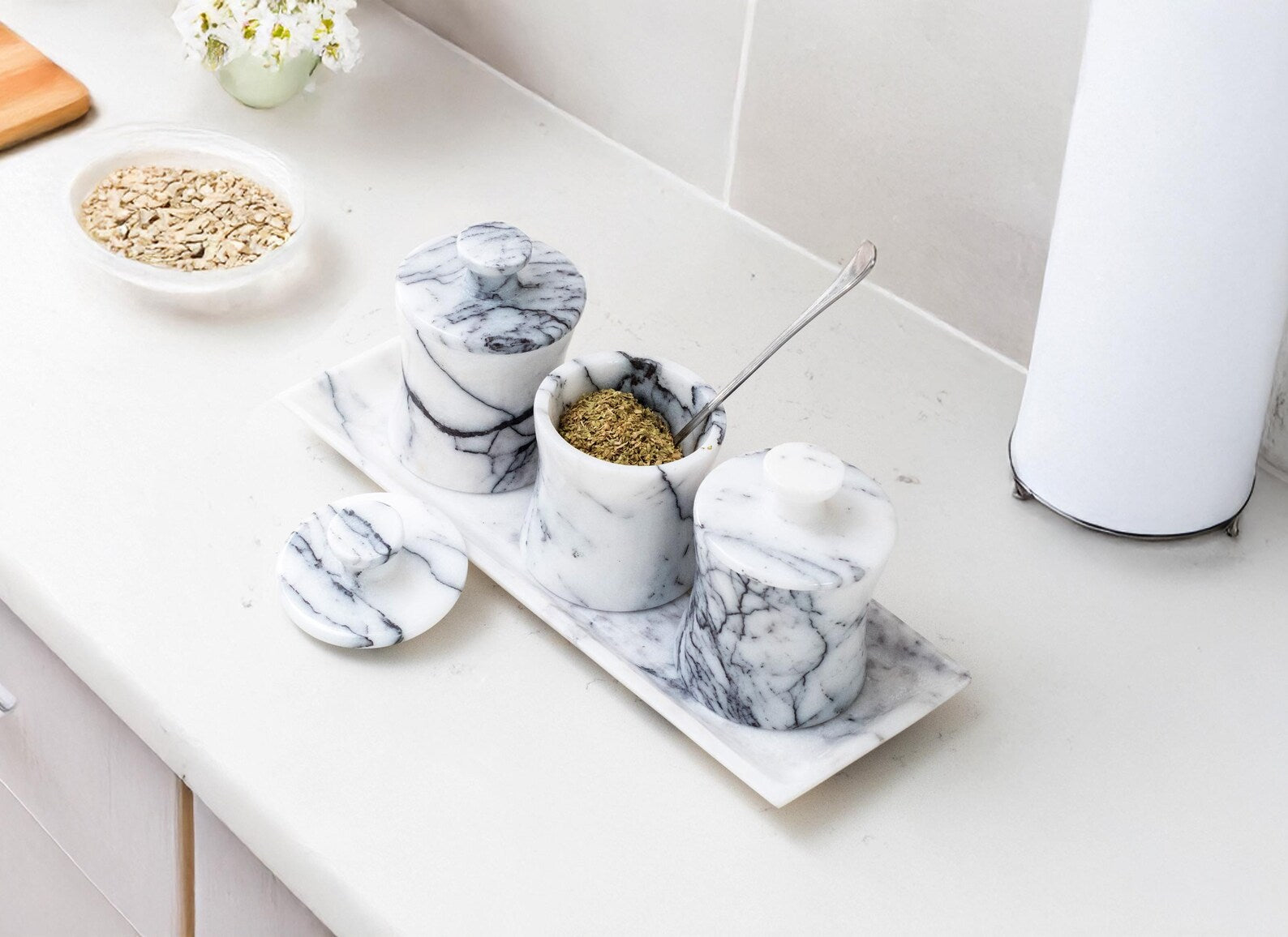 CLEMENZA 4-Piece Handcrafted Veined White Marble Spice Jar Set with Tray – Stone Canisters with Lid | Ege Home Decor