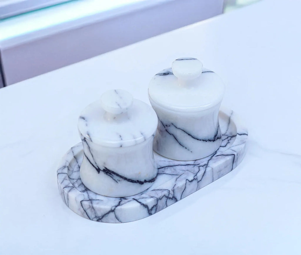 CLEMENZA 3-Piece Veined White Marble Jar Set with Tray – Salt, Sugar, and Spice Storage | Ege Home Decor