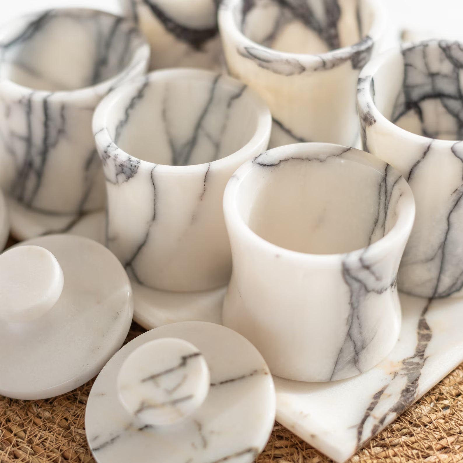 CLEMENZA 7-Piece Handmade Marble Spice Jar Set with Tray – Elegant Canisters with Lid | Ege Home Decor