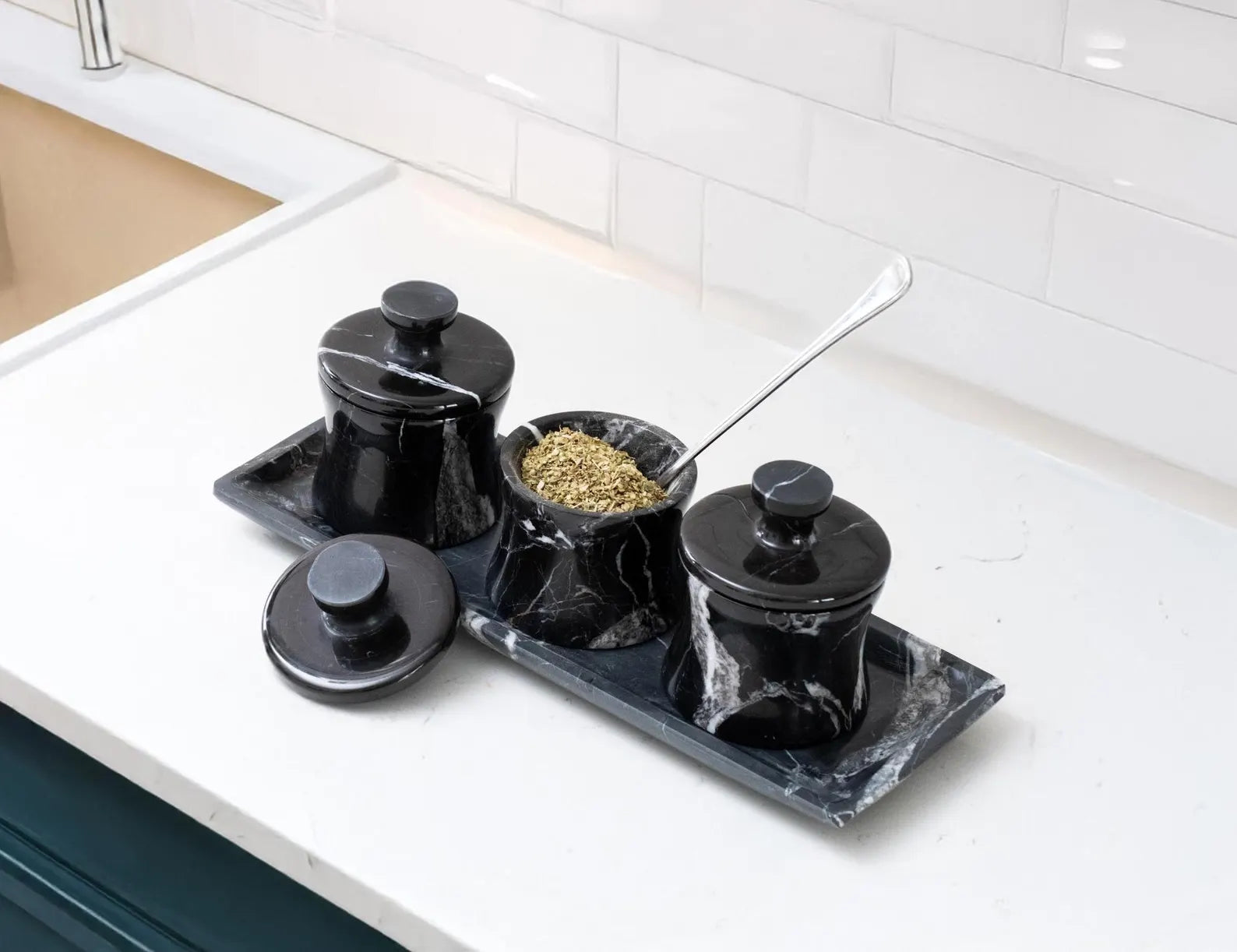CLEMENZA 4-Piece Handcrafted Black Marble Spice Jar Set with Tray – Stone Canisters with Lid | Ege Home Decor