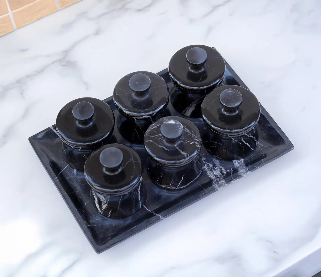 CLEMENZA 7-Piece Handcrafted Black Marble Spice Canister Set with Tray – Modern Jars with Lid – Compact Design | Ege Home Decor