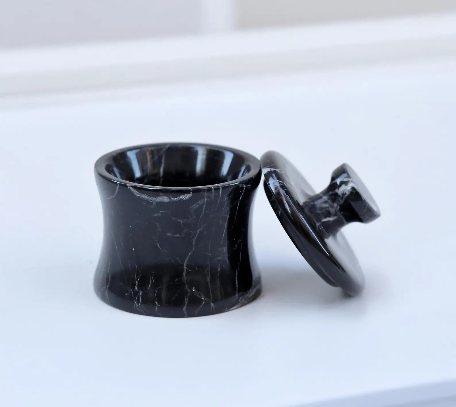 CLEMENZA Black Marble Jar with Lid – Handcrafted Marble Salt Cellar, Stone Canister – Compact Design | Ege Home Decor