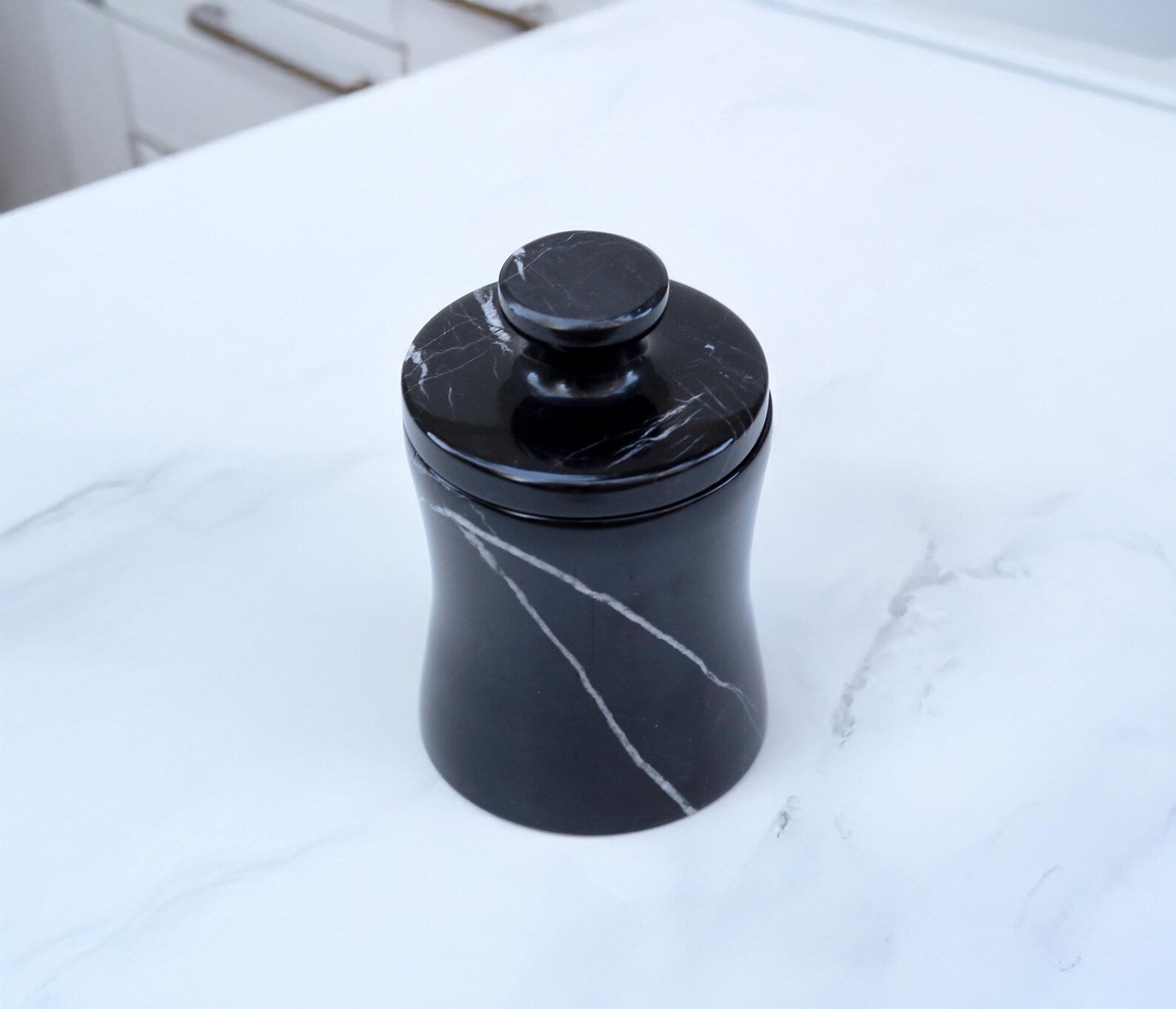CLEMENZA Black Marble Salt Cellar – Handcrafted Marble Jar with Lid, Stone Canister (Tall Design) | Ege Home Decor