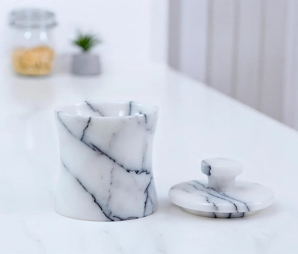 CLEMENZA Veined White Marble Spice Canister – Handcrafted Marble Jar with Lid, Stone Salt Cellar – Tall Design | Ege Home Decor