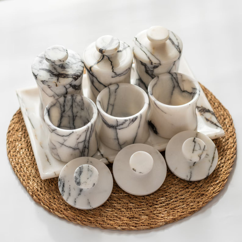 CLEMENZA 7-Piece Handmade Marble Spice Jar Set with Tray – Elegant Canisters with Lid | Ege Home Decor