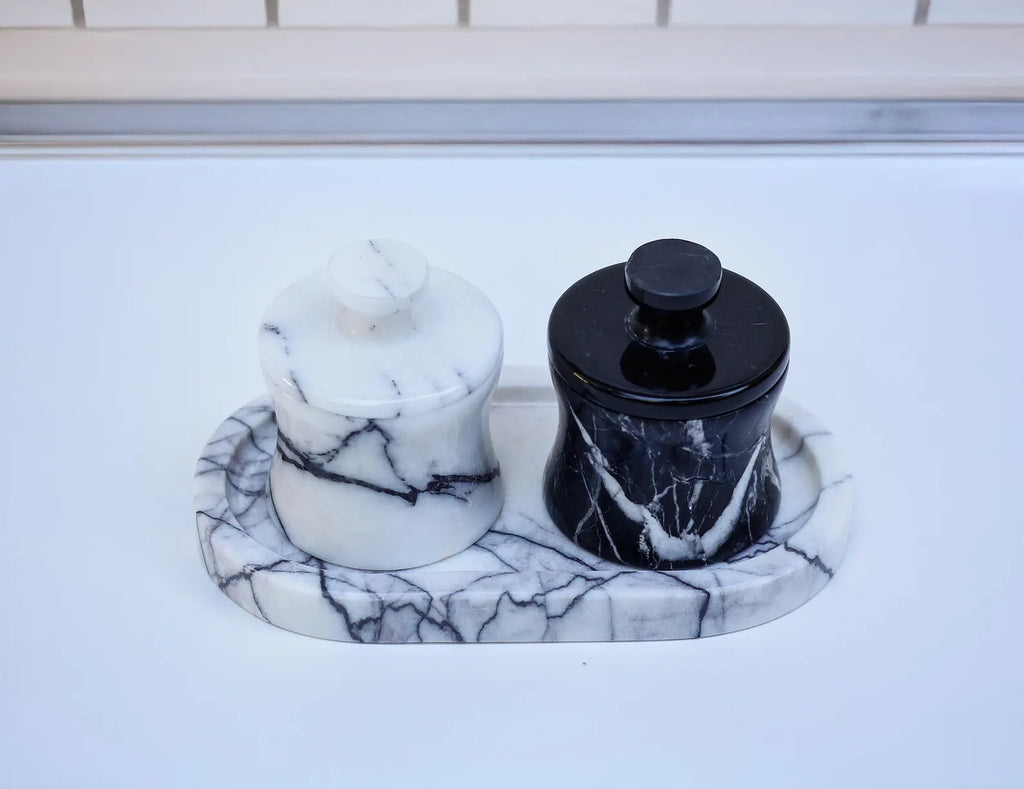 CLEMENZA 3-Piece Handmade Marble Jar Set with Tray – Black & White Marble Salt Cellar | Ege Home Decor