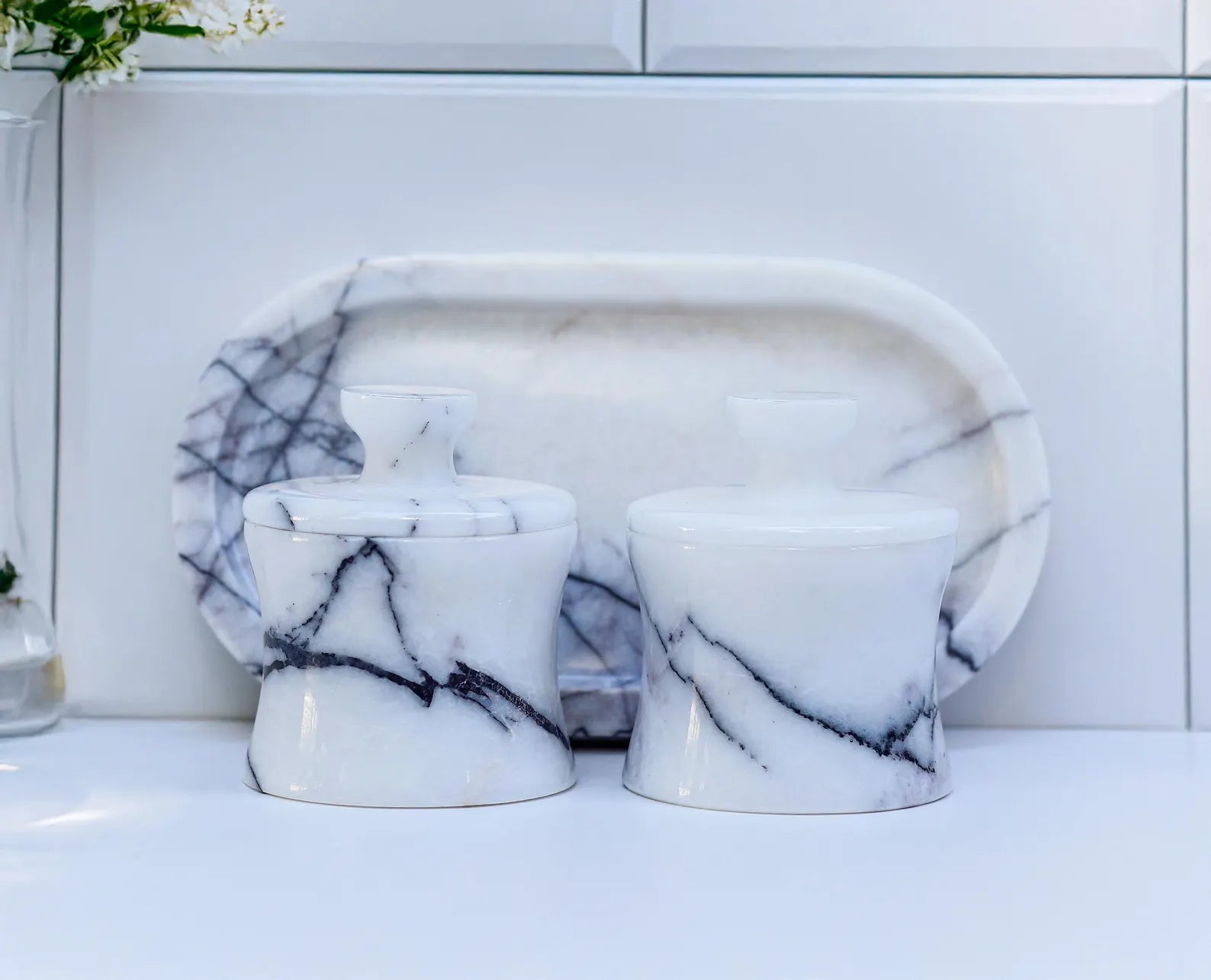CLEMENZA 3-Piece Veined White Marble Jar Set with Tray – Salt, Sugar, and Spice Storage | Ege Home Decor