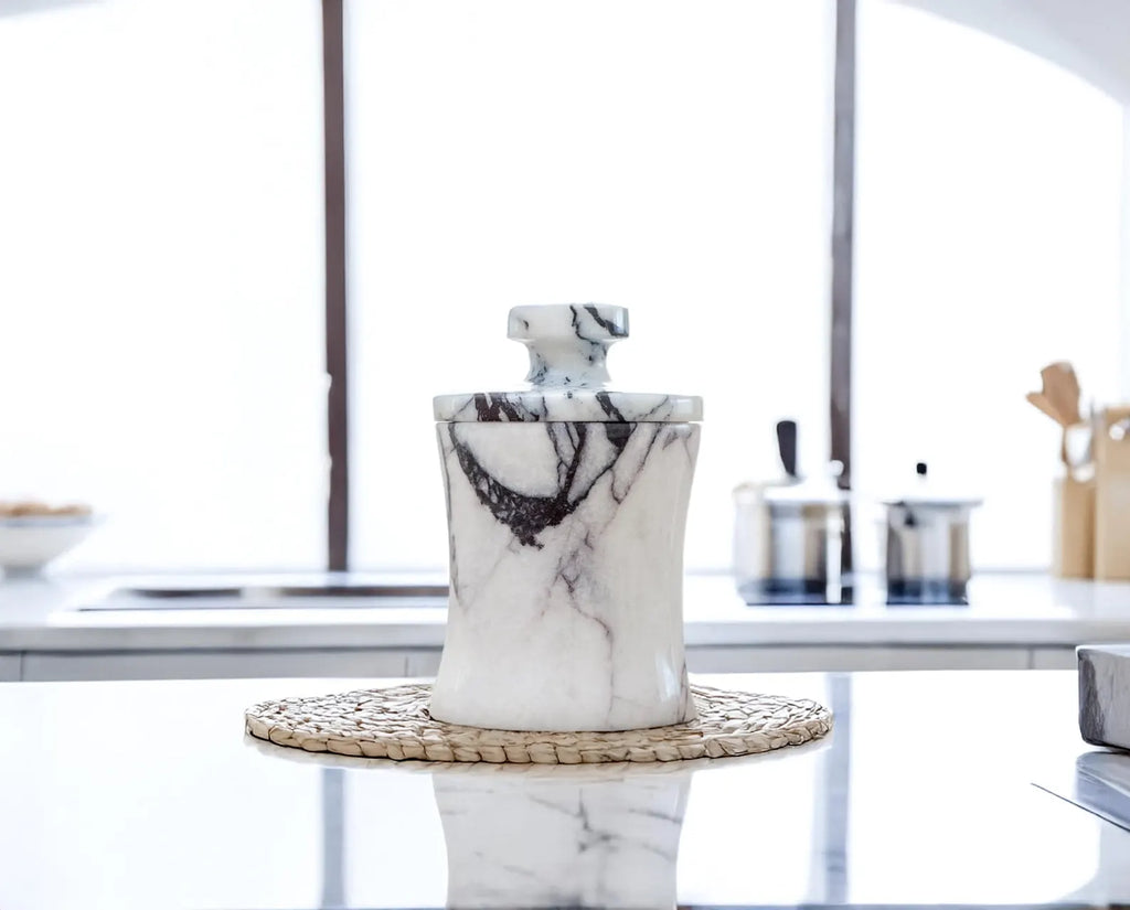 CLEMENZA Veined White Marble Spice Canister – Handcrafted Marble Jar with Lid, Stone Salt Cellar – Tall Design | Ege Home Decor