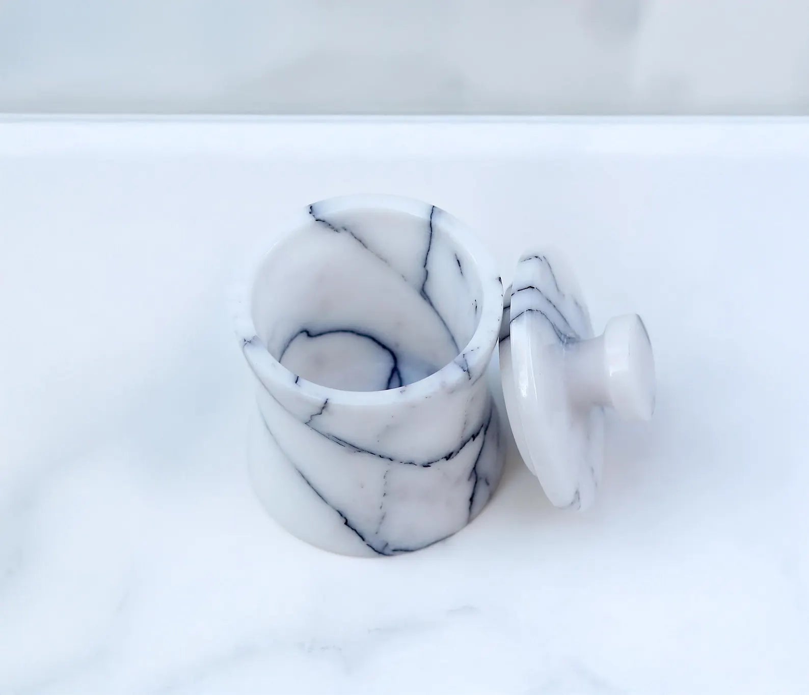 CLEMENZA Veined White Marble Spice Canister – Handcrafted Marble Jar with Lid, Stone Salt Cellar – Tall Design | Ege Home Decor