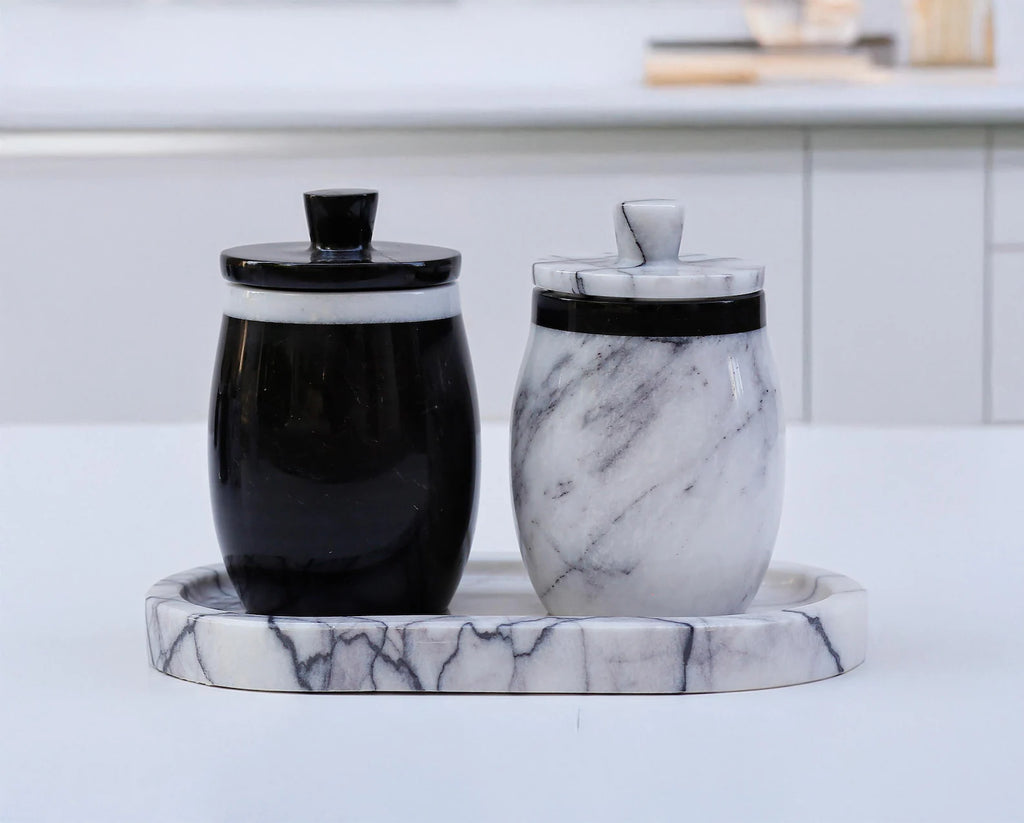 DOMINA 3-Piece Veined White & Black Marble Jar Set with Tray – Salt Cellar & Sugar Pot | Ege Home Decor