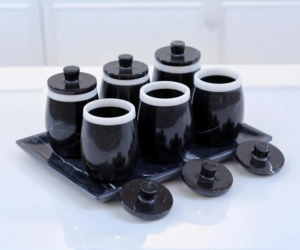 DOMINA 7-Piece Handcrafted Black Marble Spice Jar Set with Tray – Luxury Canisters with Lid - Type A
