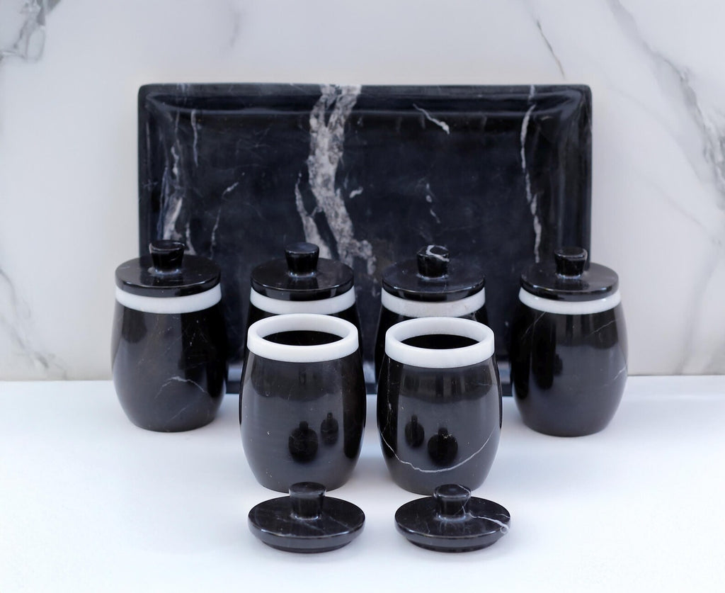 DOMINA 7-Piece Handcrafted Black Marble Spice Jar Set with Tray – Luxury Canisters with Lid - Type A
