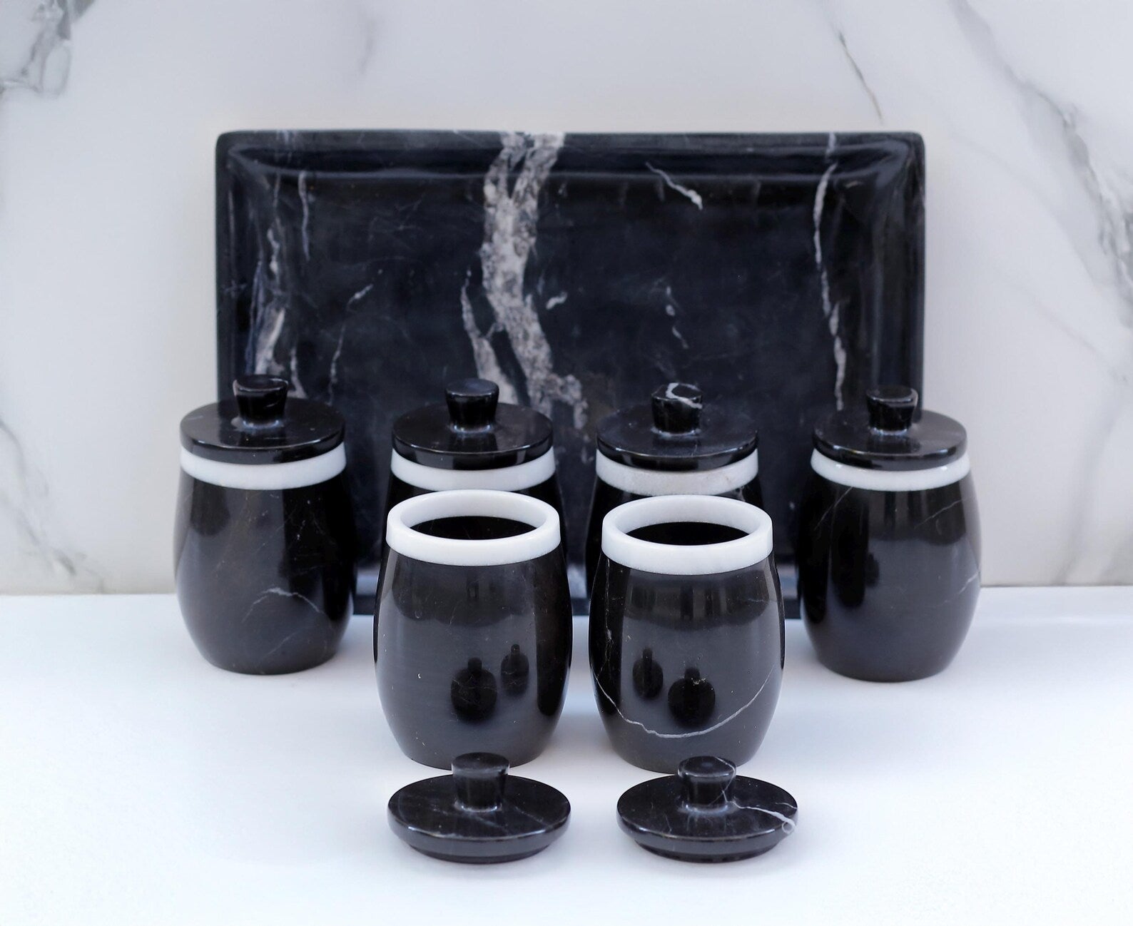 DOMINA 7-Piece Handcrafted Black Marble Spice Jar Set with Tray – Luxury Canisters with Lid - Type A