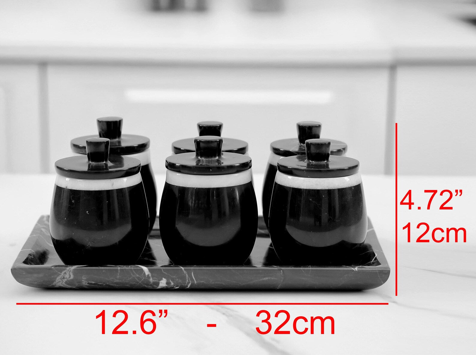 DOMINA 7-Piece Handmade Black Marble Spice Canister Set with Tray – Luxury Round Jars Type B | Ege Home Decor