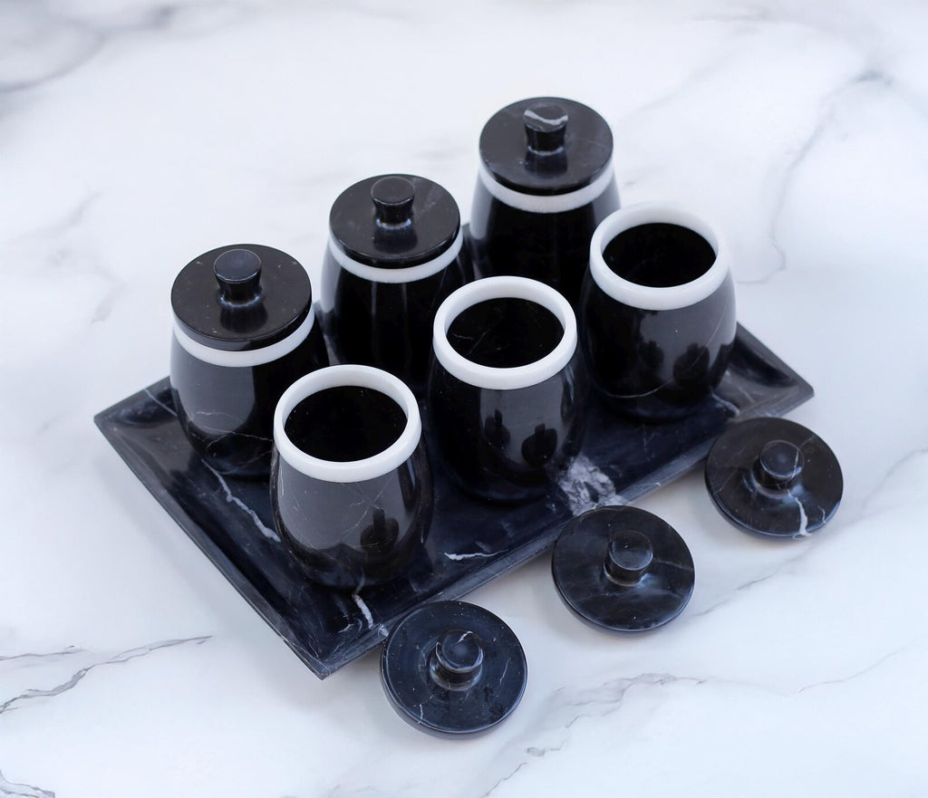 DOMINA 7-Piece Handcrafted Black Marble Spice Jar Set with Tray – Luxury Canisters with Lid - Type A