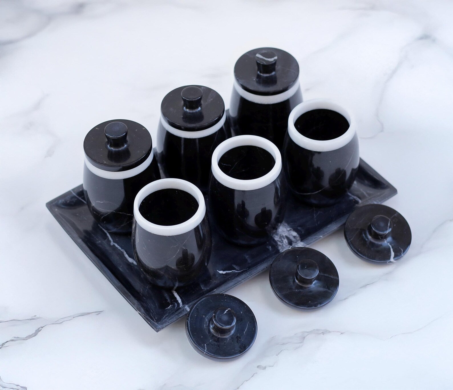 DOMINA 7-Piece Handcrafted Black Marble Spice Jar Set with Tray – Luxury Canisters with Lid - Type A