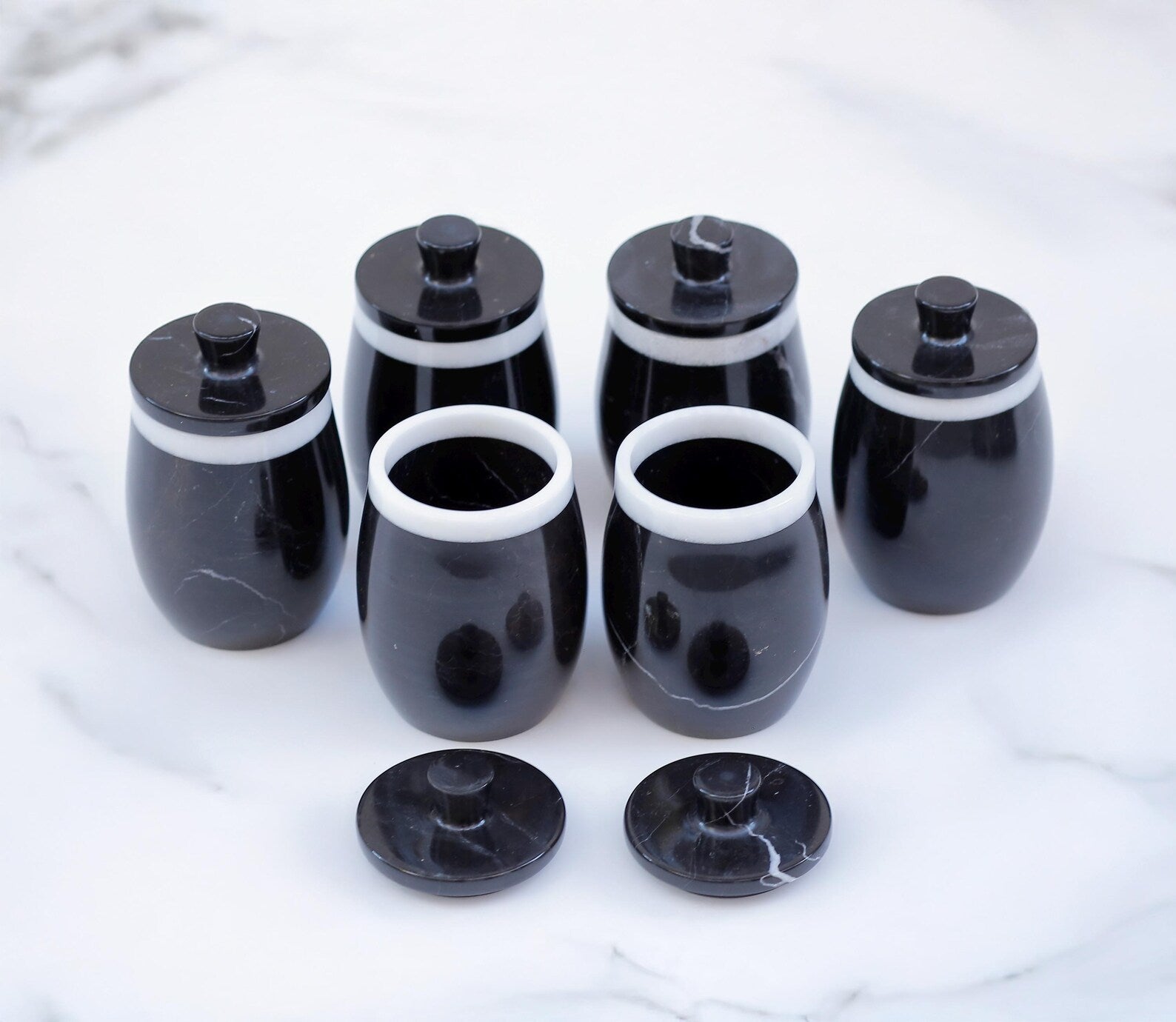 DOMINA 7-Piece Handcrafted Black Marble Spice Jar Set with Tray – Luxury Canisters with Lid - Type A