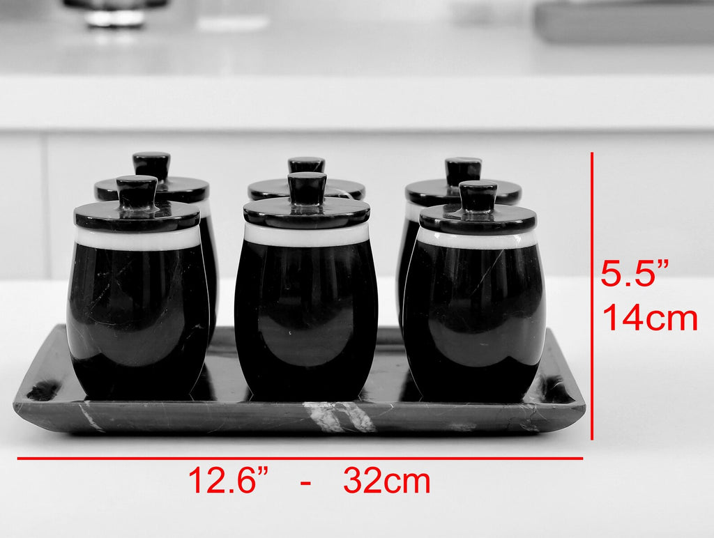 DOMINA 7-Piece Handcrafted Black Marble Spice Jar Set with Tray – Luxury Canisters with Lid - Type A